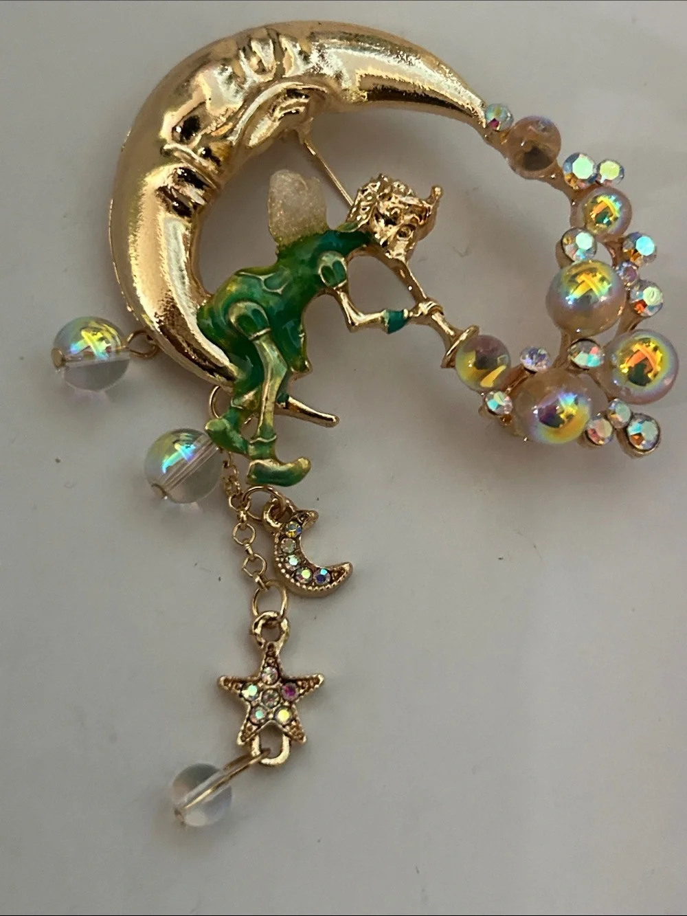 Gold and Green Crescent Moon Fairy Brooch with Iridescent Beads - Women Jewelry